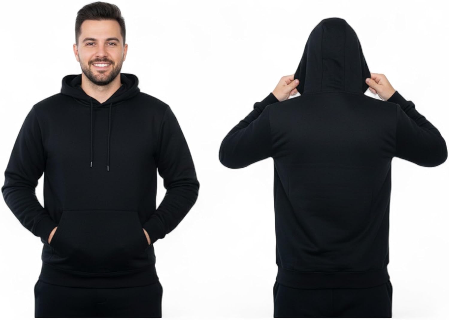 Men's Classic Black Pullover Hoodie | Cotton Blend Fleece Sweatshirt with Kangaroo Pocket