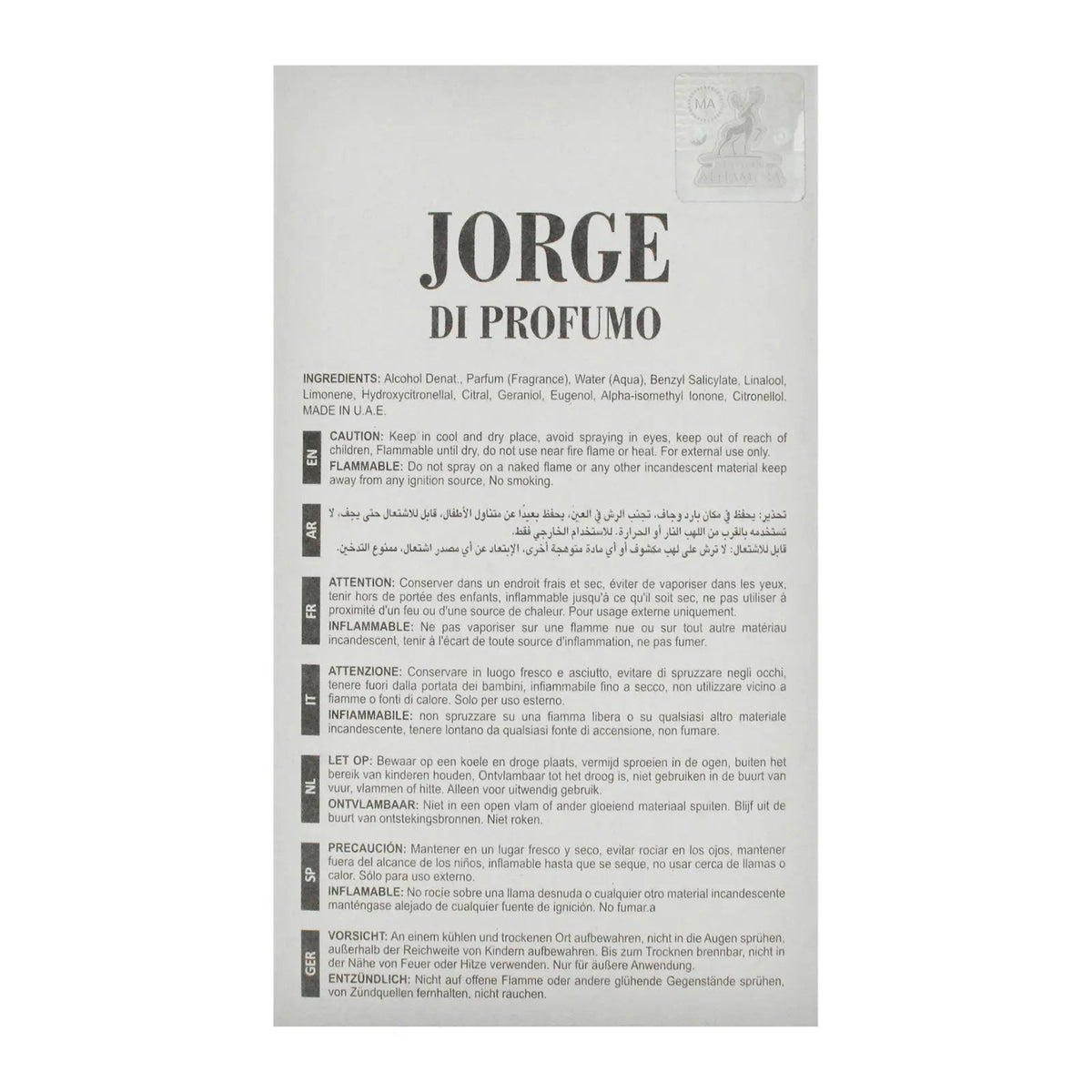 Jorge Di Profumo Aqua Perfume 100ml EDP Maison Alhambra